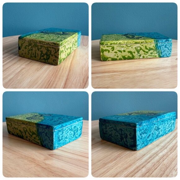Vintage Hand-Carved Seahorse Soapstone Trinket Jewelry Box Blue Yellow Green - Picture 8 of 9